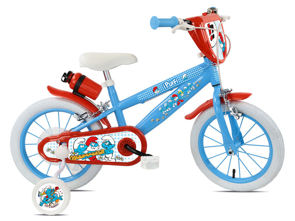 sconto Bicicletta per Bambini 14" MTB a 2 Freni e Stabilizzatori Puffi Azzurro e Rosso