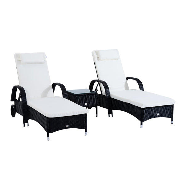 Lot de 2 bains de soleil de jardin en rotin synthétique avec matelas rembourré et table basse noire sconto