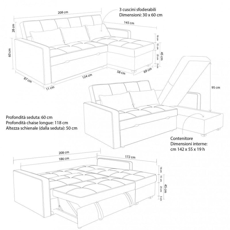 Divano Letto Cedric 208x87/145x88 cm  in Tessuto Grigio scuro