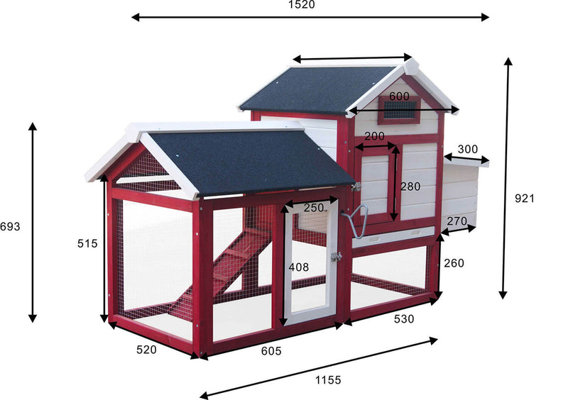 Pollaio da Giardino 152x62x92 cm Per 3 Galline in Legno Rosso e Bianco