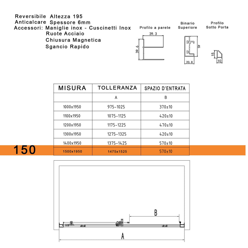 Porta Parete Doccia 1 Anta Scorrevoe in Cristallo Trasparente 6mm H195 Bonussi Eliane Varie Misure