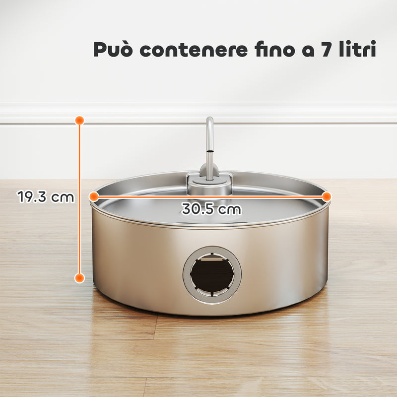 Fontanella per Gatti 30,5x31,2x19,3 cm Capacità 7L con Luce LED e Tripla Filtrazione in Acciaio Inox 304 Argento 