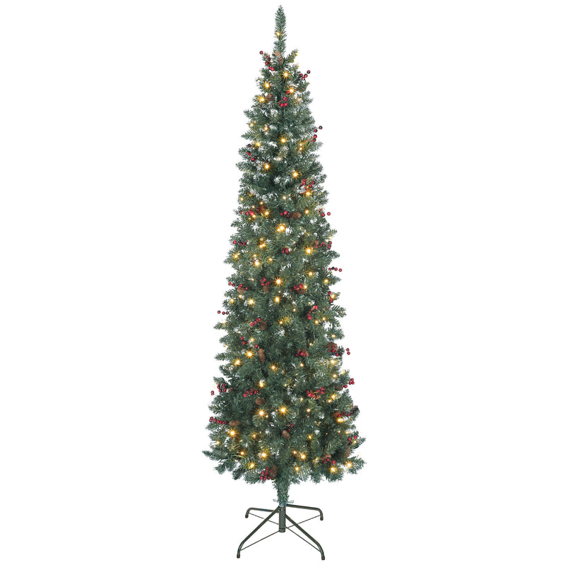 Albero di Natale 210 cm 656 Rami e 300 Luci LED Decorato con 55 Pigne e 55 Grappoli di Bacche Verde e Argento      