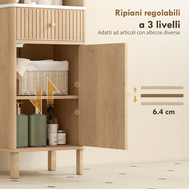 Mobile a Colonna Bagno 41,5x30x168 cm con  Ripiano Effetto Marmo e Ante Decorate in MDF Rovere      