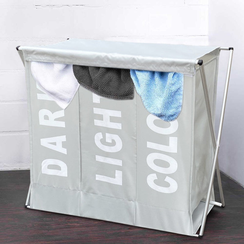 Cesto Portabiancheria 63x61x32 cm 3 Scomparti in Alluminio Grigio Chiaro