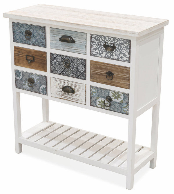 Console 9 Tiroirs avec Porte Panier 80x32,5x82 cm en Bois Soriani Blanc Antique prezzo