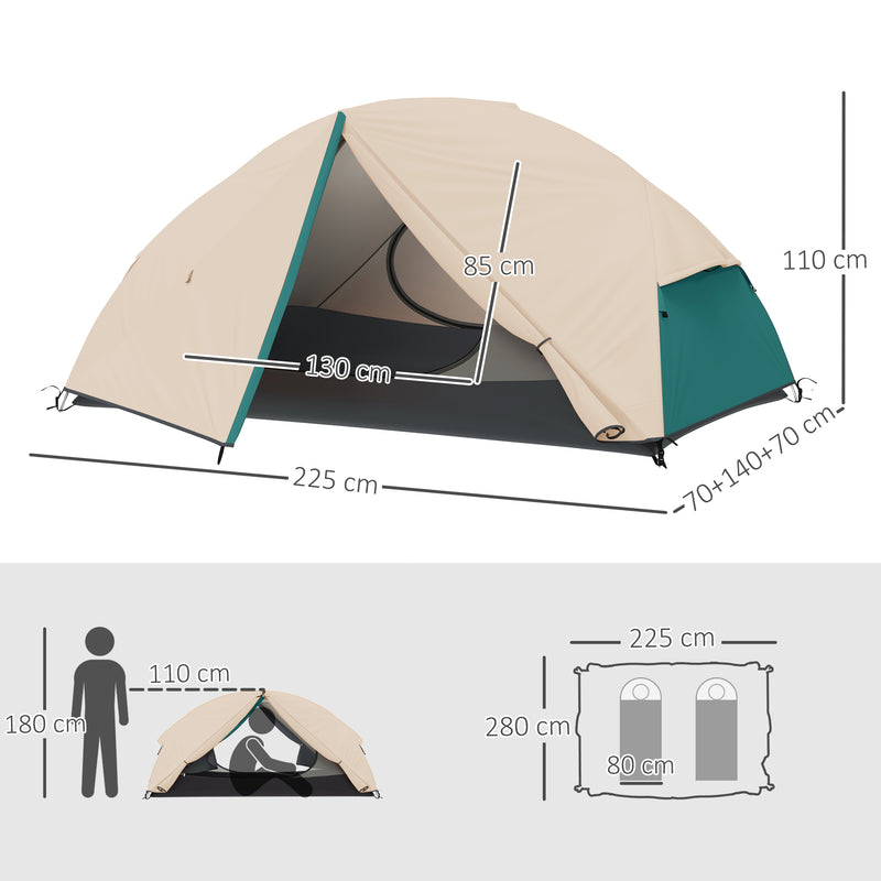 Tenda da Campeggio 2 Posti Impermeabile 280x225x110 cm con 2 Vestiboli e 2 Porte Beige   