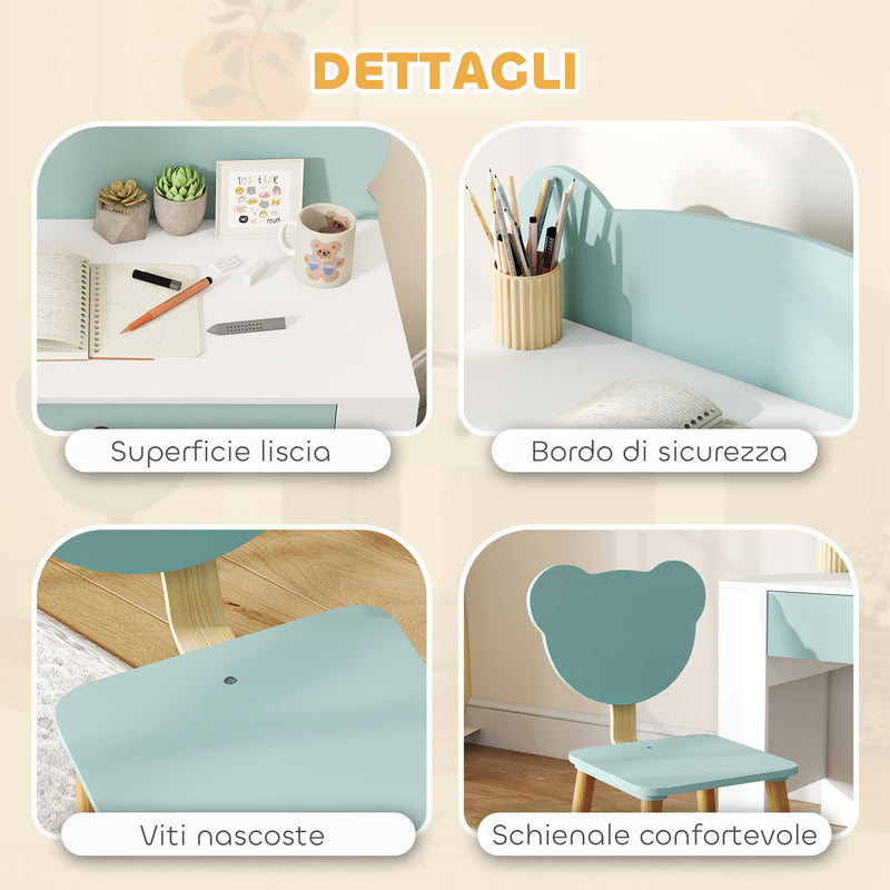 Banco Scuola con Sedia per Bambini Schienale a Orsetto Età 3-8 Anni in MDF e Legno Verde   