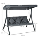 Dondolo da Giardino 3 Posti 202x115x168 cm con Tettuccio Regolabile in Acciaio e Poliestere Grigio Scuro      