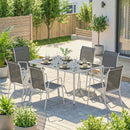 Set 7 Pezzi Pranzo da Giardino con Tavolo Rettangolare 150x90x72 cm e 6 Sedie Impilabili in Metallo e Texteline Grigio      