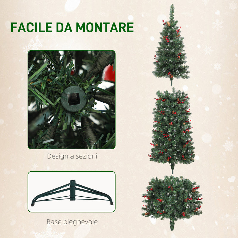 Albero di Natale Illuminato 150 cm con 150 Luci LED 30 Pigne e 30 Grappoli di Bacche Verde e Argento      