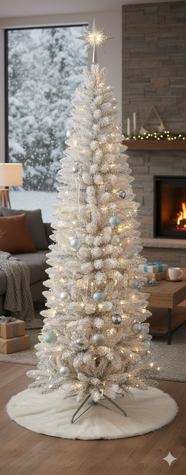 Albero di Natale Artificiale Slim Floccato Realistico Innevato 240 cm 505 Rami Bianco Effetto Neve