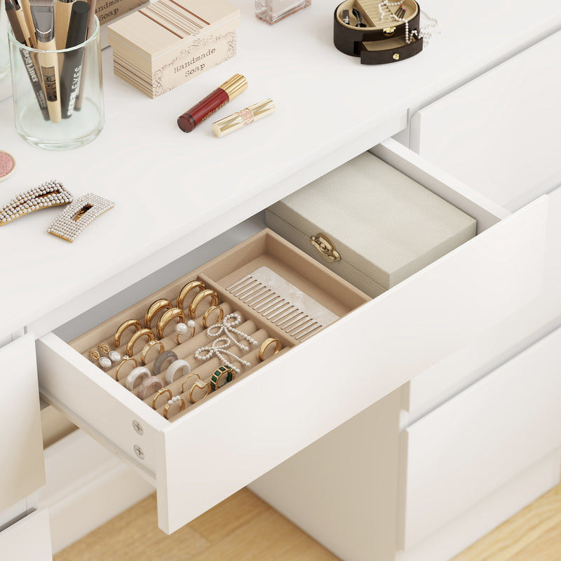 Consolle Trucco con Specchio Stile Hollywood 8 Luci LED con 7 Cassetti e Sgabello Imbottito in Legno Bianco      