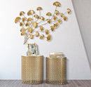 Tavolinetti Coppia Oblin Ø41x50-37,5x47 cm in Ferro MDF e Vetro Oro