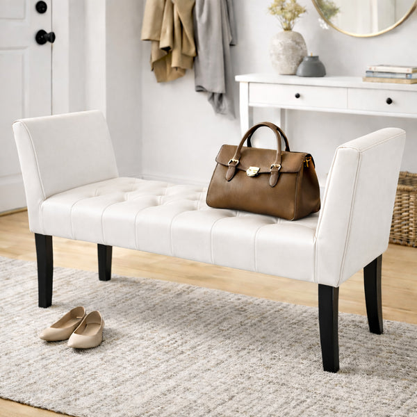 acquista Panca Fondoletto Ingresso 111x40x60 cm con Piedi in Legno e Rivestimento Ecopelle Bianco