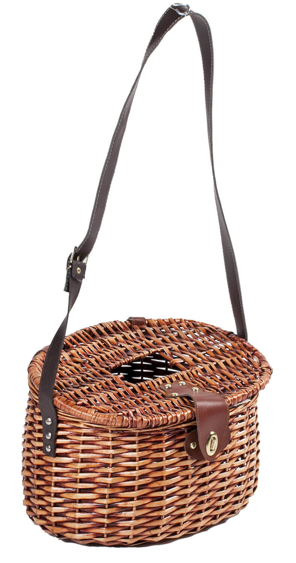 sconto Cestino per Raccolta Funghi 33x26xH24 cm con Tracolla in Vimini e Cuoio Marrone