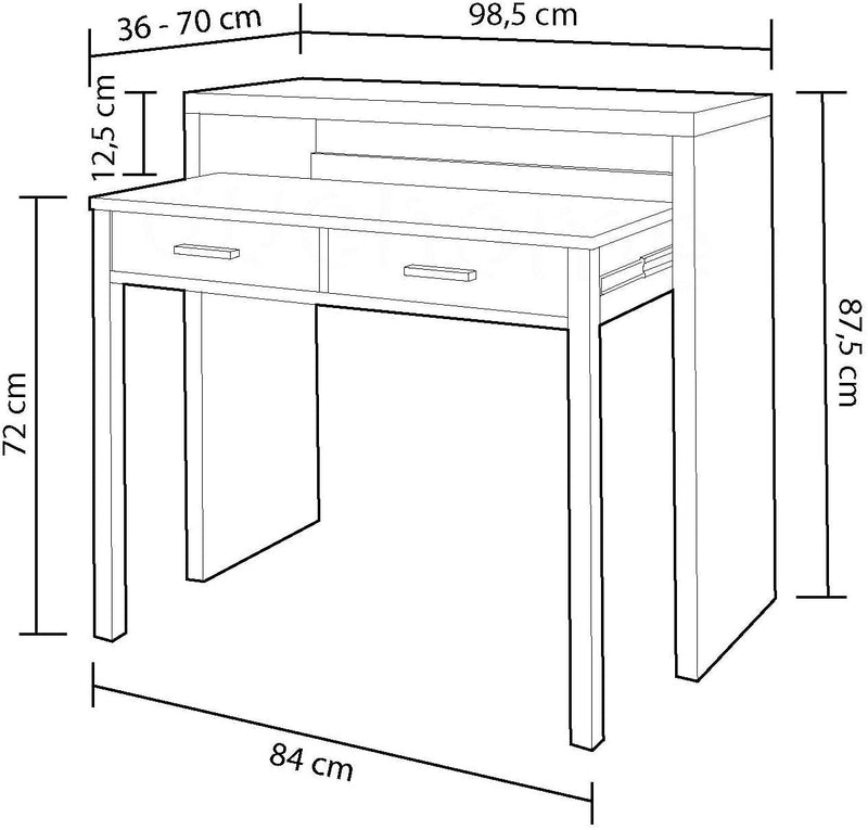 Scrivania Consolle Estensibile 99x36/70x88 cm 2 Cassetti Bianco e Cemento