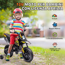 Moto Elettrica per Bambini da 37-96 Mesi con 12V Doppi Motori e Rotelle Rimovibili Capacità 30kg Giallo      