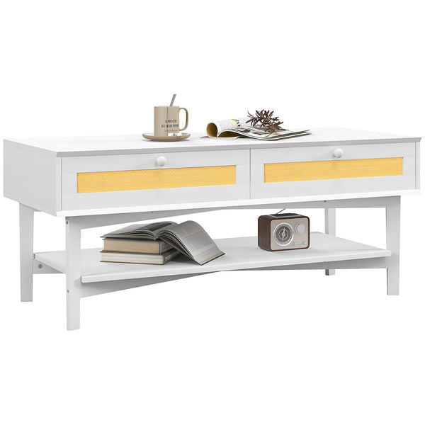Tavolino da Caffè Boho con 2 Cassetti e Ripiano 120x50x50 cm in Rattan e Truciolato Bianco e Legno prezzo