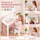 Set Tavolo per Bambini 3-8 Anni 80x41,2x74,5 cm con Sedia e Librerie Laterali Tema Volpe in Truciolato e MDF Bianco      