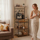 Scaffale Cucina a 5 Livelli Stile Industriale 59x40x143,5 cm con 6 Ganci e Portabottiglie in Truciolare e Metallo Noce      