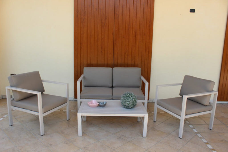 Set Salotto da Giardino Divano 2 Poltrone e Tavolino con Cuscini in Alluminio Tortora