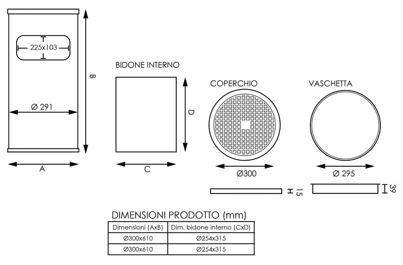 Cestino Gettacarte Posacenere Ø30 cm in Acciaio 15L per Interno Esterno