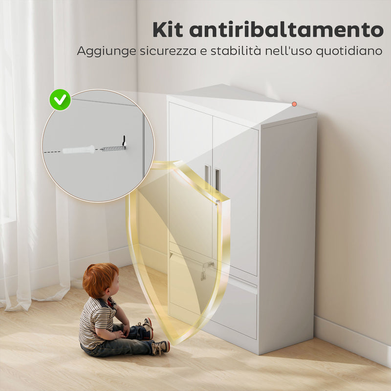 Armadietto da Ufficio 80x40x130 cm con Ripiano Interno e Cassetto in Acciaio Bianco      