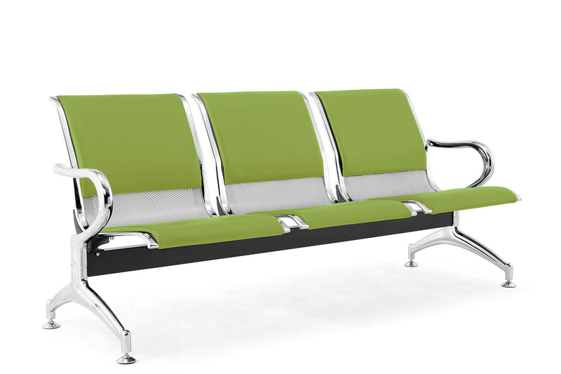Panca per Sala Attesa 3 Posti da Ufficio con Cuscino in Acciaio e Similpelle Argento/Pistacchio