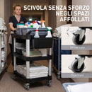 Carrello Pulizie Professionale 115x50x100 cm a 3 Ripiani con 2 Contenitori Rimovibili Bidone Laterale e 4 Ruote in PP Nero      