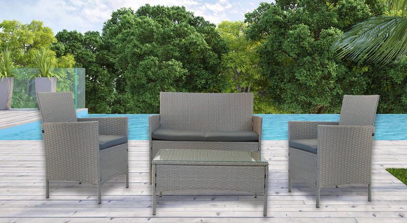 Set Salotto da Giardino Divano 2 Poltrone e Tavolino in Rattan Grigio