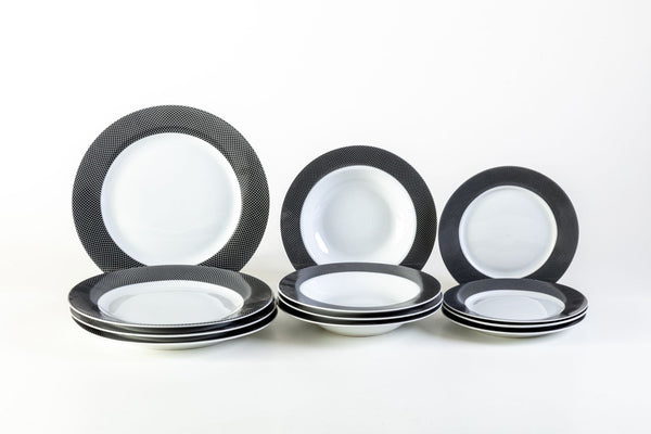 Service d'assiettes plates 12 pièces en porcelaine blanche bord noir sconto