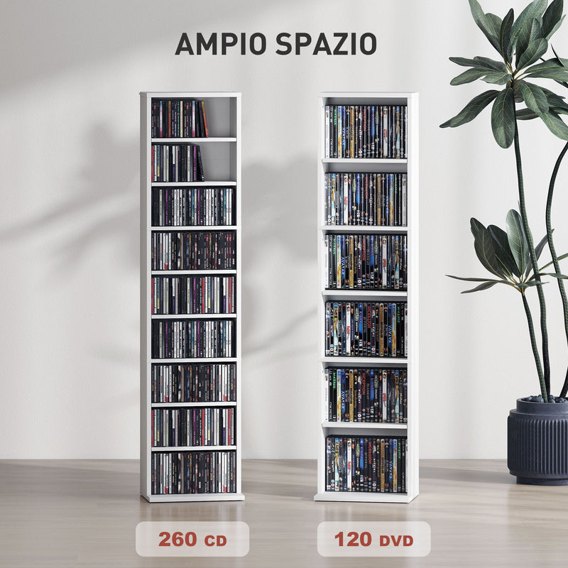 Libreria Scaffale Porta CD 33x24x140 cm con 6 Ripiani Regolabili Capacità di 260 CD/120 DVD Bianco      