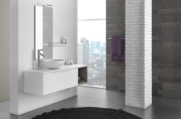 Meuble Salle de Bain Suspendu 135 cm Lavabo Miroir Lampe LED et Etagère Droite TFT Mactan Blanc Mat et Gris prezzo