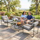 Set 4 Pezzi Salotto da Giardino con Divano 2 Posti e 2 Poltrone con Cuscini in Metallo e Texteline Grigio Chiaro      