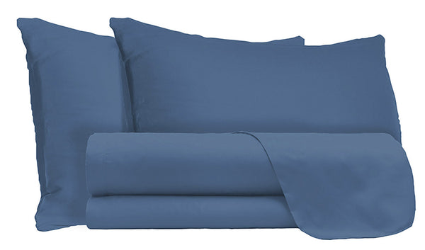 sconto Ensemble de draps doubles dessus et dessous et taies d'oreiller couleur unie bleu