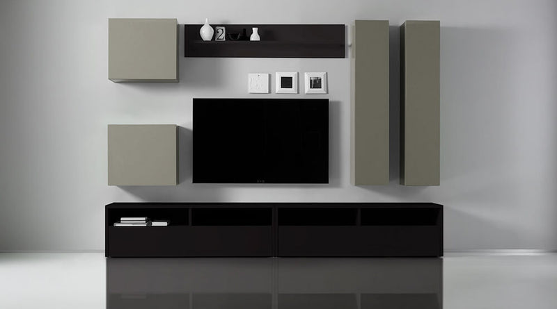 Parete Attrezzata Mobili Soggiorno 4 Mobili Sospesi 2 Mobili Tv 1 Mensola in Melamina 278x41x205cm TFT Boost Antracite e Beige