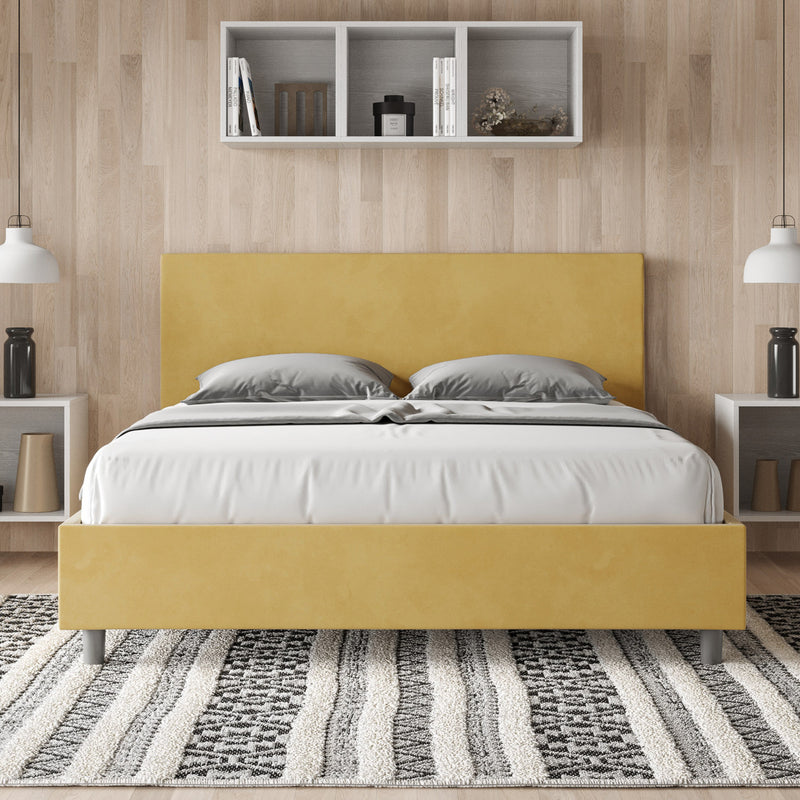 Letto Matrimoniale Giroletto con Alzata Comoda Imbottito in Microfibra Adele Ocra Varie Misure