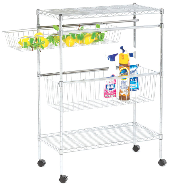 online Desserte de Cuisine Métal 30x60x80 cm 2 Étagères 2 Paniers Fumer Galaxy Chrome