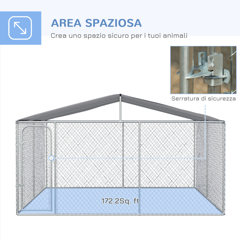 Gabbia Kennel per Cani da Esterno 400x400x232 cm in Metallo e Tetto in Tessuto Oxford Argento