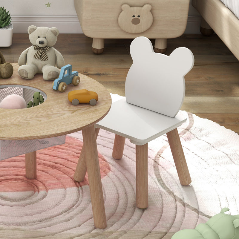 Set con Tavolo e 2 Sedie per Bambini con Schienale a Orsetto Tavolino con Vano Contenitore in MDF Bianco e Legno      