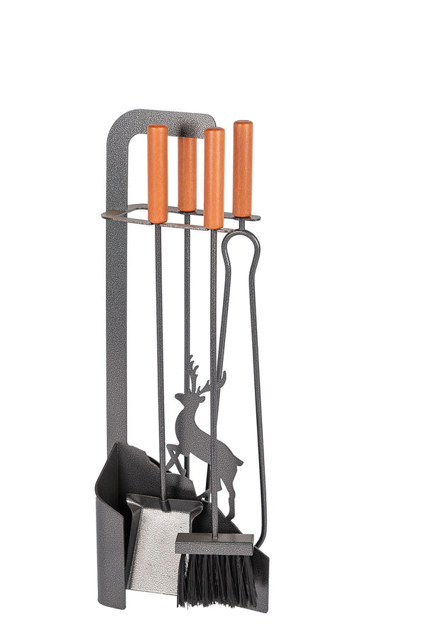 acquista Trespolo per Attrezzi Camino Sagoma Cervo con Paletta Scopino Attizzino e Pinza 15,6x23,5x65 cm in Ferro e Legno Grigio Martellato
