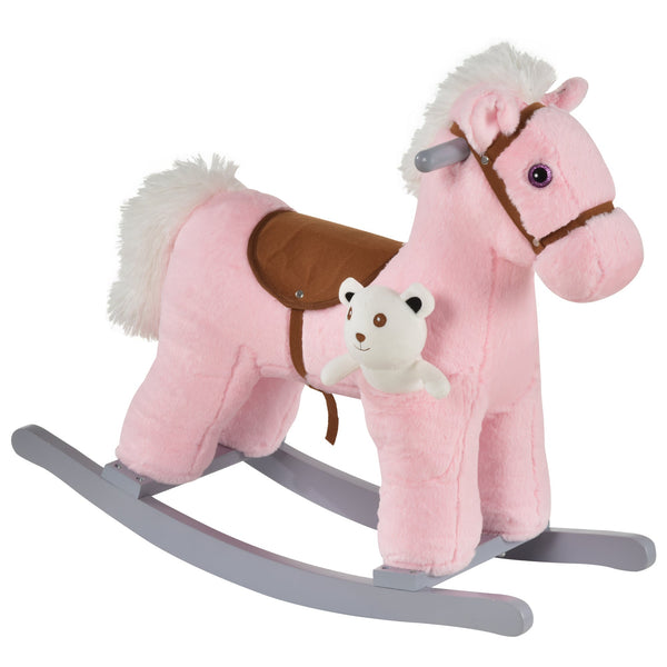 Cheval à bascule en peluche et bois avec ours en peluche rose et sons sconto