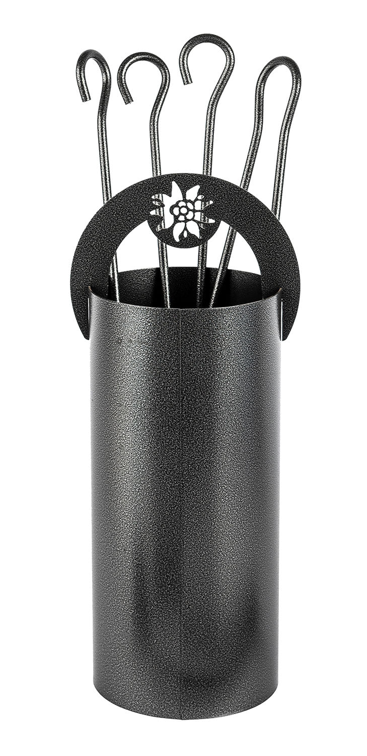 Trespolo per Attrezzi Camino Cilindrico Stella Alpina con Paletta Scopino Attizzino e Pinza Ø15,2x62 cm in Ferro Verniciato Grigio Martellato