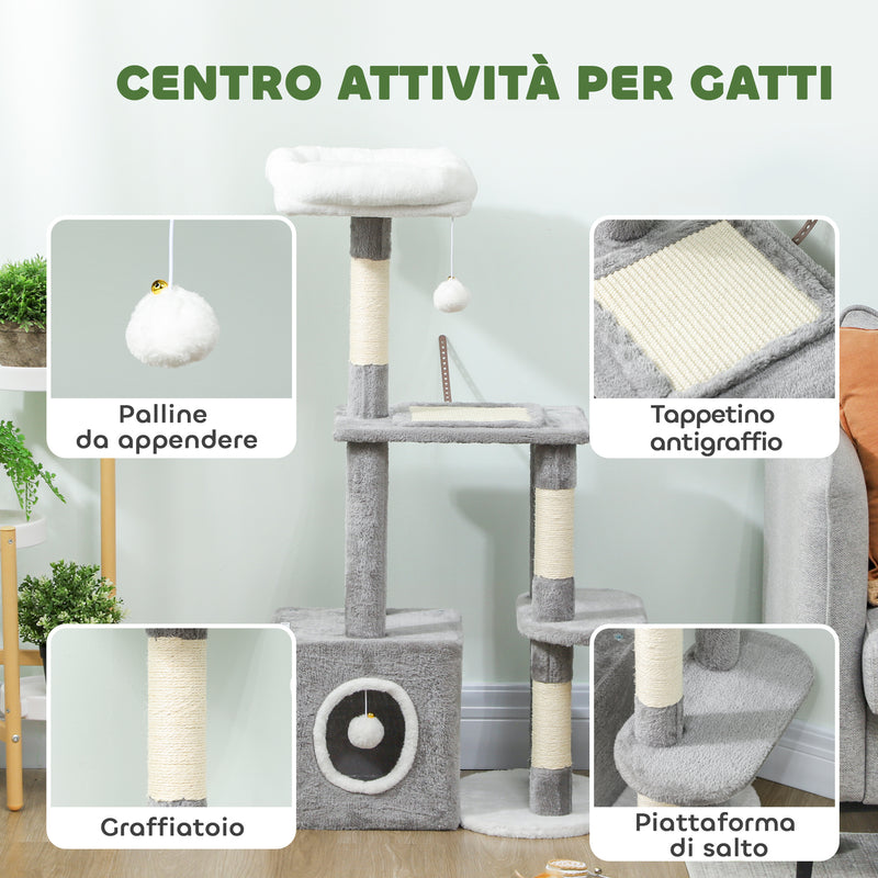 Albero Tiragraffi per Gatti con Casetta e 2 Palline 55x40x107cm Grigio e Bianco      