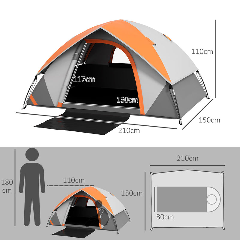 Tenda da Campeggio per 2 Persone Impermeabile 210x150x110 cm Pavimento Esteso Grigio e Arancione   