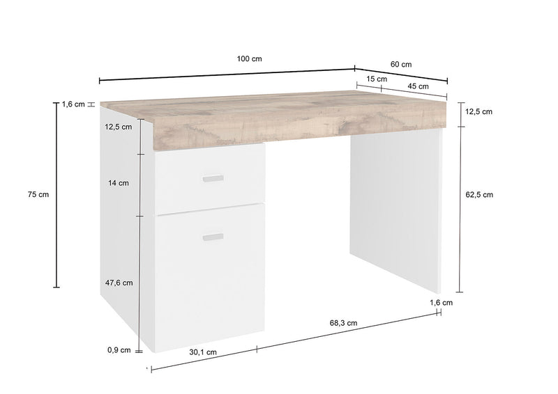 Scrivania 1 Anta 1 Cassetto 100x60x75 cm Sliding Bianco Lucido e Acero Pereira