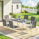 Set 7 Pezzi Pranzo da Giardino con Tavolo Rettangolare 150x90x72 cm e 6 Sedie Impilabili in Metallo e Texteline Grigio      