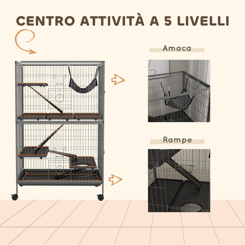 Gabbia per Roditori 80x52x128 cm con 4 Ingressi a Livelli Multipli in Metallo e PP Grigio  