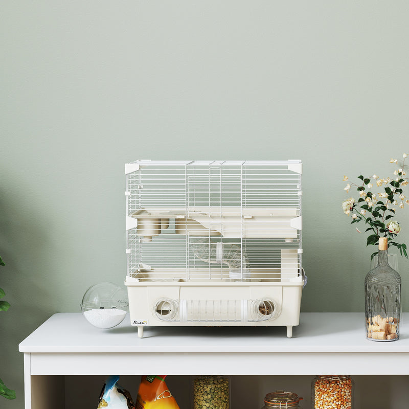 Gabbia per Criceti a 2 Livelli 44,5x28x44 cm 3 Porte Ruota e Tubi in Acciaio e PP Crema e Bianco  